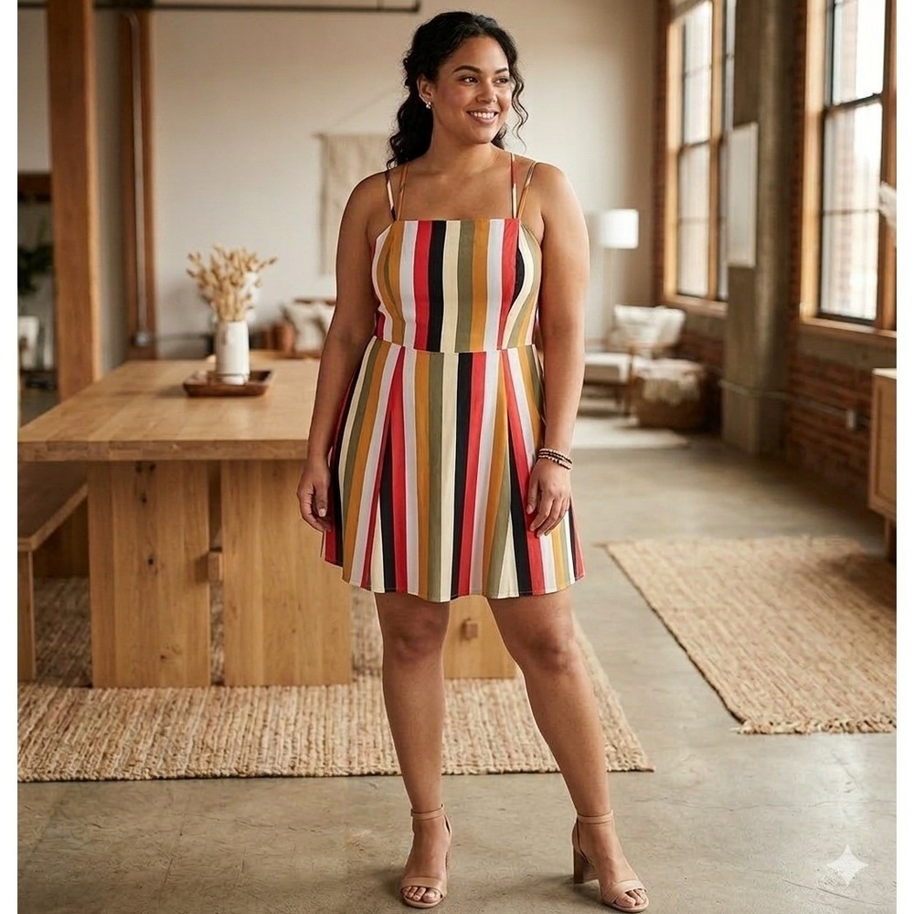 NWT Lulus Skater Dress Women Large Multi Color Striped Lace Up Back‎